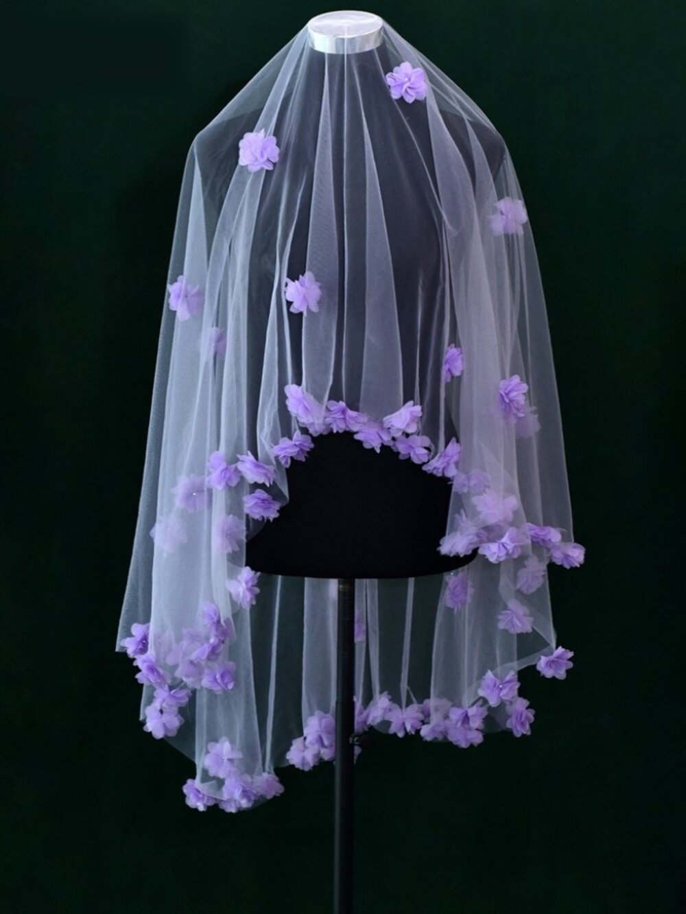 Handmade Purple Floral Tulle Veil - Short Romantic Bridal Accessory